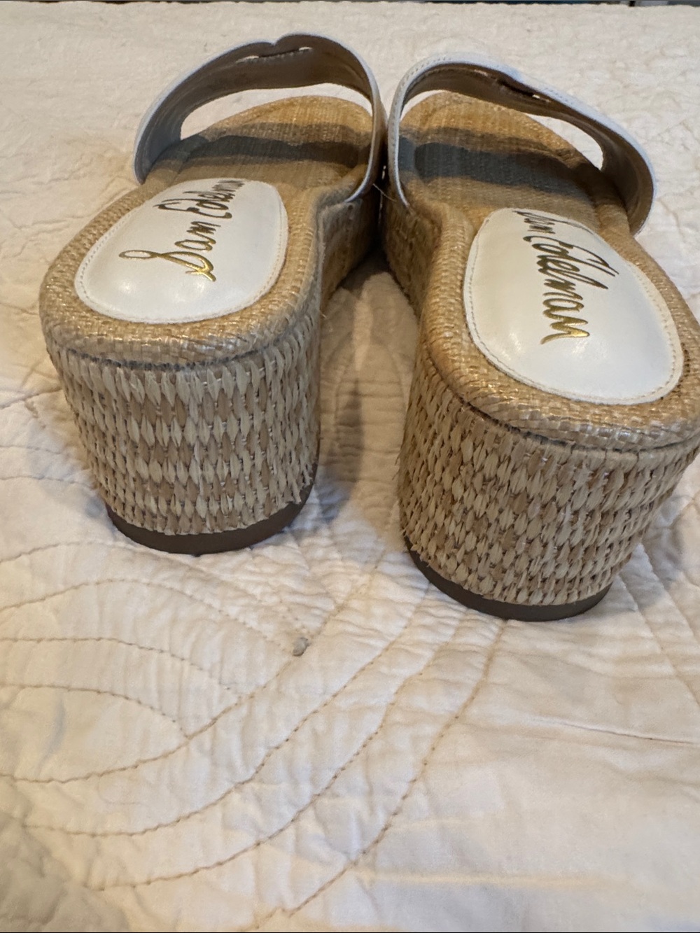 Sam Edelman Natural Raffia Slide Mules with White Trim - Picture 4 of 9